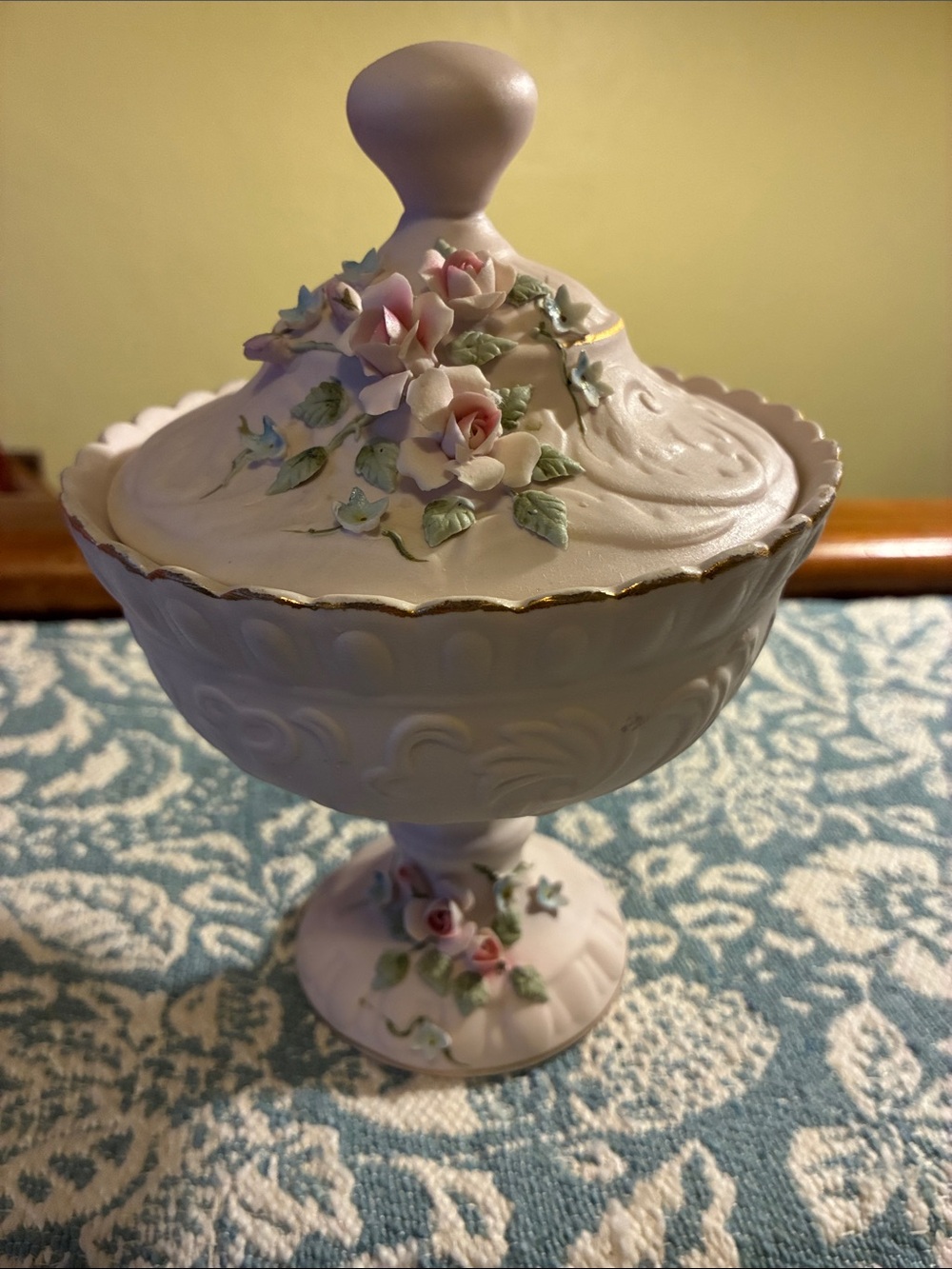 Vintage Lefton Pink Porcelain Covered Compote with Pink Rose Accents